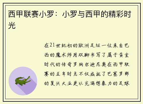 西甲联赛小罗：小罗与西甲的精彩时光